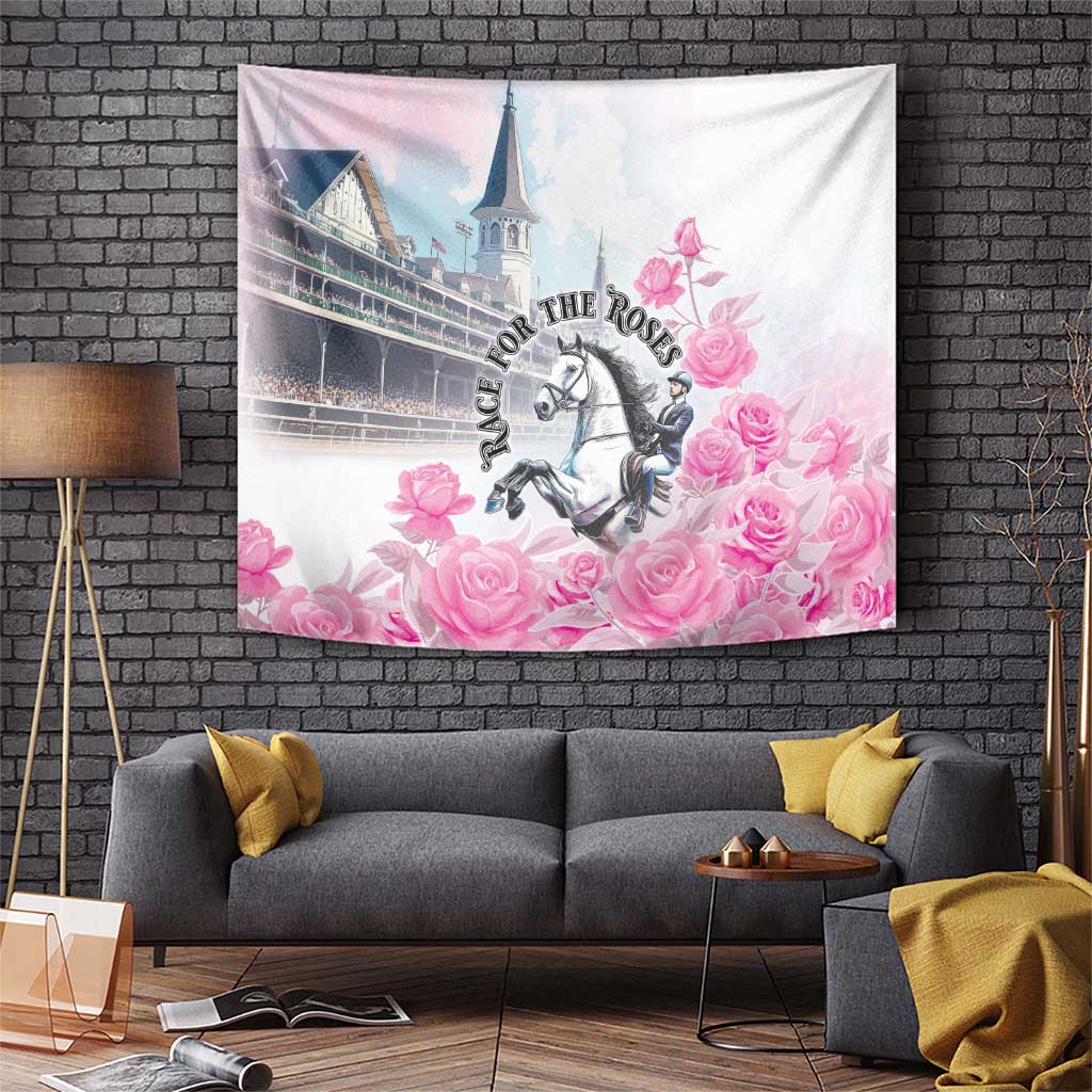 Pink floral tapestry with horse and rider, roses, and race-themed arch text