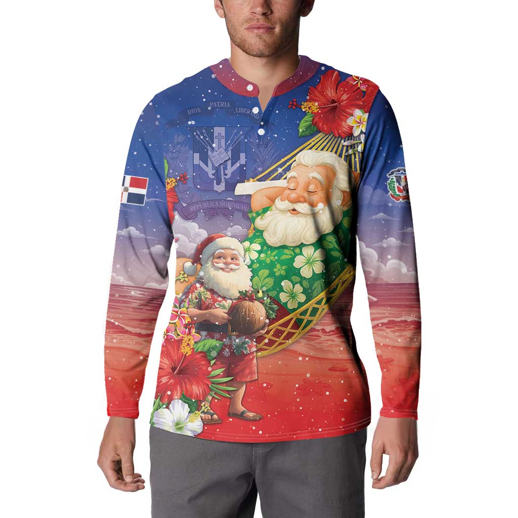 Dominican Republic Christmas Button Sweatshirt Santa Relaxing On The Beach - Wonder Print Shop