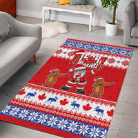 Red holiday area rug featuring Santa, dancing groundhog figures, blue festive border