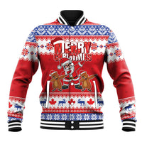 Red baseball jacket with Merry Christmas print, Santa and groundhog characters, striped cuffs