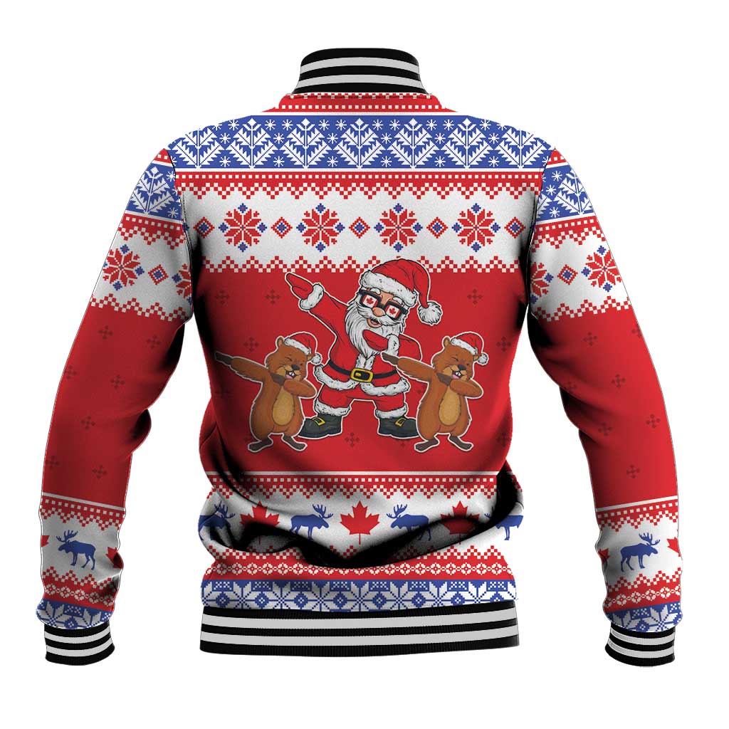Red baseball jacket back view with Santa and groundhogs, Merry Christmas text, knit rib hem