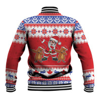 Red baseball jacket back view with Santa and groundhogs, Merry Christmas text, knit rib hem