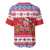 Christmas baseball jersey in red with blue yoke, fair-isle pattern, Santa and animal figures