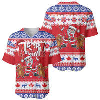Christmas baseball jersey set showing front and back, red with blue fair-isle, Santa and animals