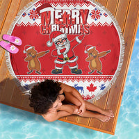 Round red Christmas beach blanket with fringe, Merry Christmas text, Santa and dancing animals.
