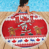 Round red Christmas beach blanket with fringe, Merry Christmas banner and Santa illustration.