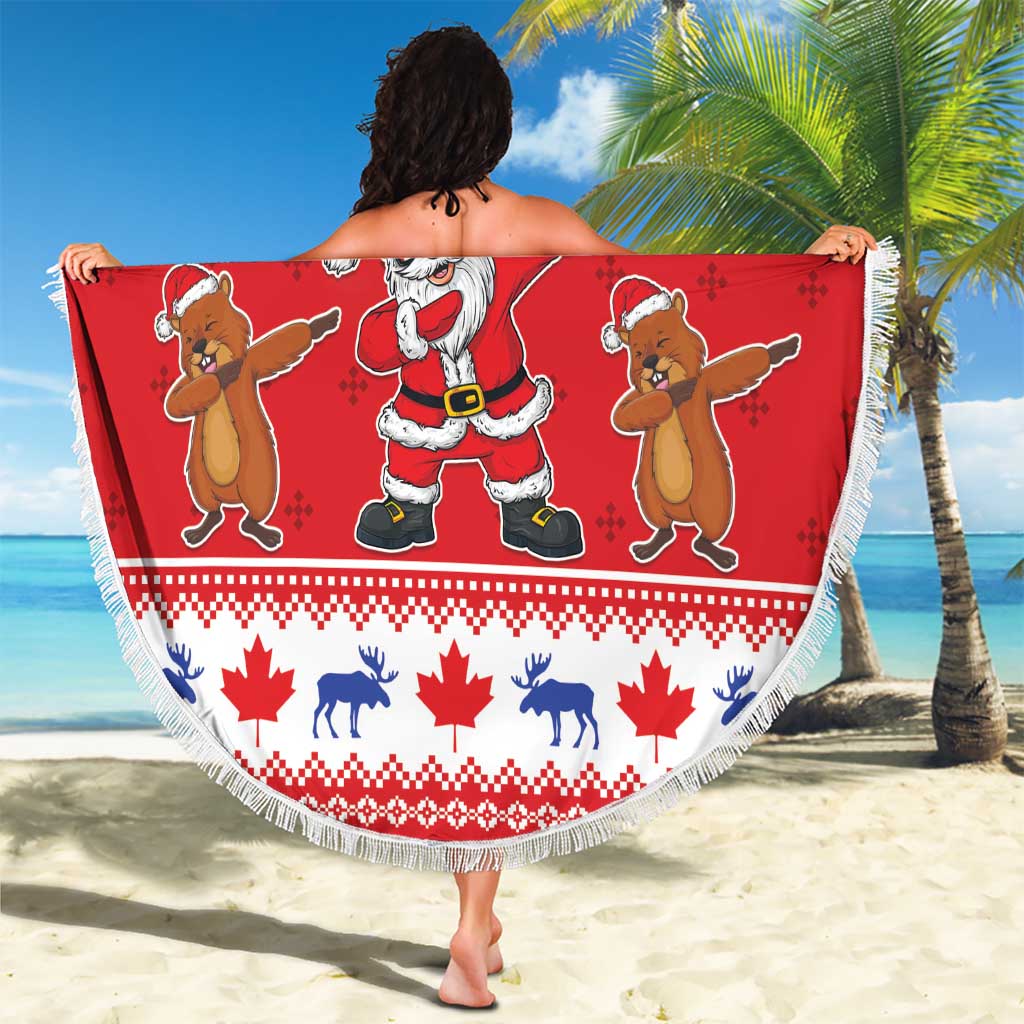 Round red Christmas beach blanket with fringe, Merry Christmas text with Santa and reindeer icons.