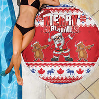 Round red Christmas beach blanket with fringe, Merry Christmas print with Santa and cartoon figures.