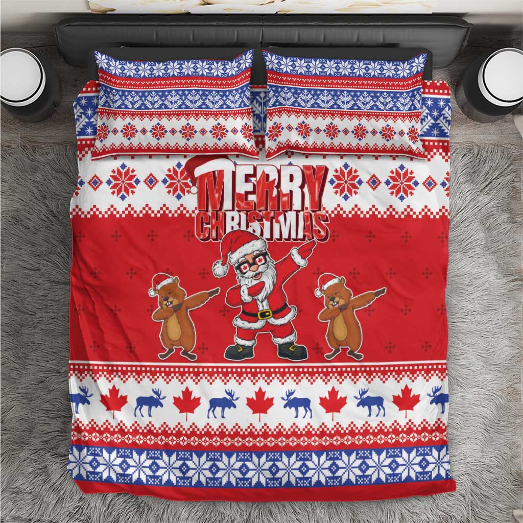 Red Christmas bedding set with Santa and reindeer, “Merry Christmas” text and blue patterned trim