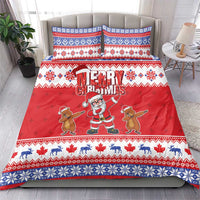Red Christmas duvet and pillow covers with Santa, gingerbread figures, and blue festive border