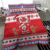 Red Christmas duvet featuring Santa and dancing gingerbread figures with “Merry Christmas” and blue trim