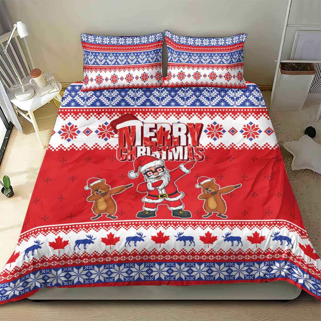 Red Christmas duvet and pillow shams with Santa and gingerbread figures, “Merry Christmas” and blue border