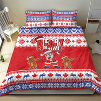 Red Christmas duvet and pillow shams with Santa and gingerbread figures, “Merry Christmas” and blue border