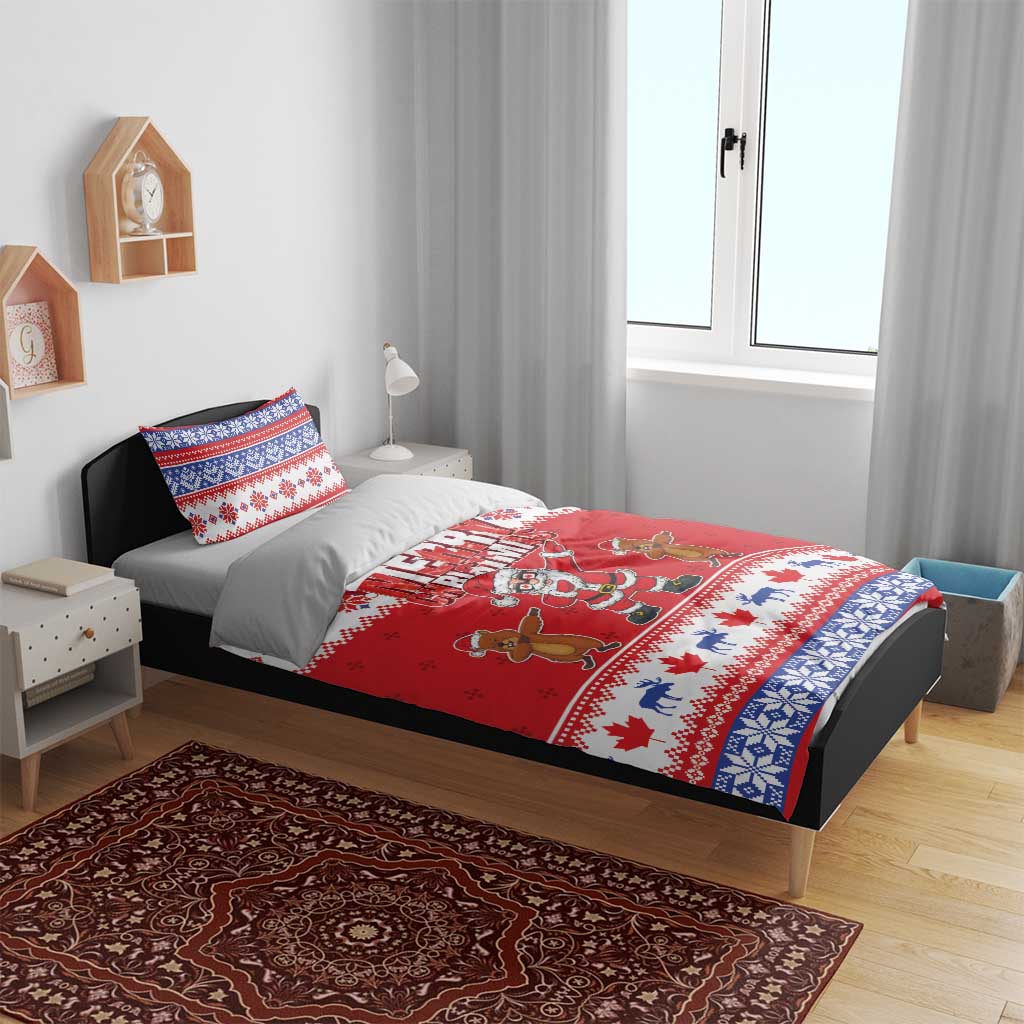 Red Christmas bedding set with Santa and gingerbread figures, blue patterned edge and matching pillows