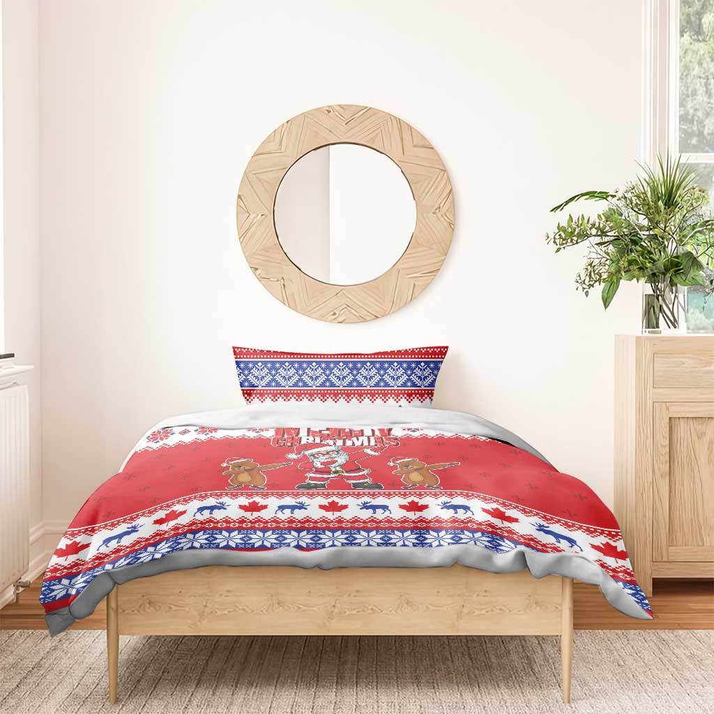 Red Christmas duvet with Santa and gingerbread figures, “Merry Christmas” text and blue border