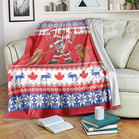 Red Christmas throw blanket with Merry Christmas text, Santa and cartoon groundhogs