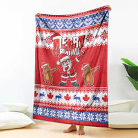 Red and blue Christmas blanket draped on floor, Merry Christmas Santa and groundhogs