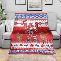 Red Christmas throw blanket on sofa, Merry Christmas Santa and groundhog pattern