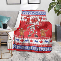 Red Christmas blanket on gray sofa, Merry Christmas Santa and cartoon groundhogs
