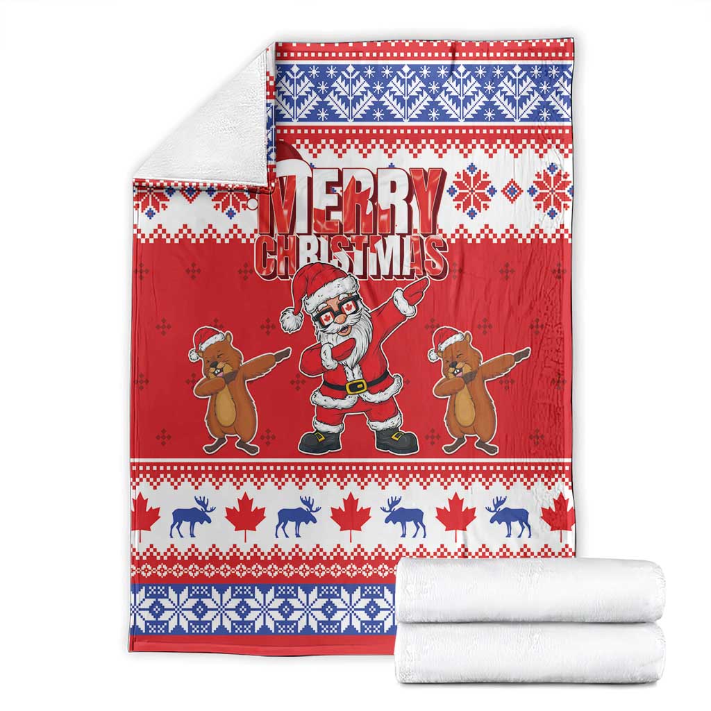 Red Christmas blanket with Merry Christmas graphic, Santa and groundhogs, plus folded stacks