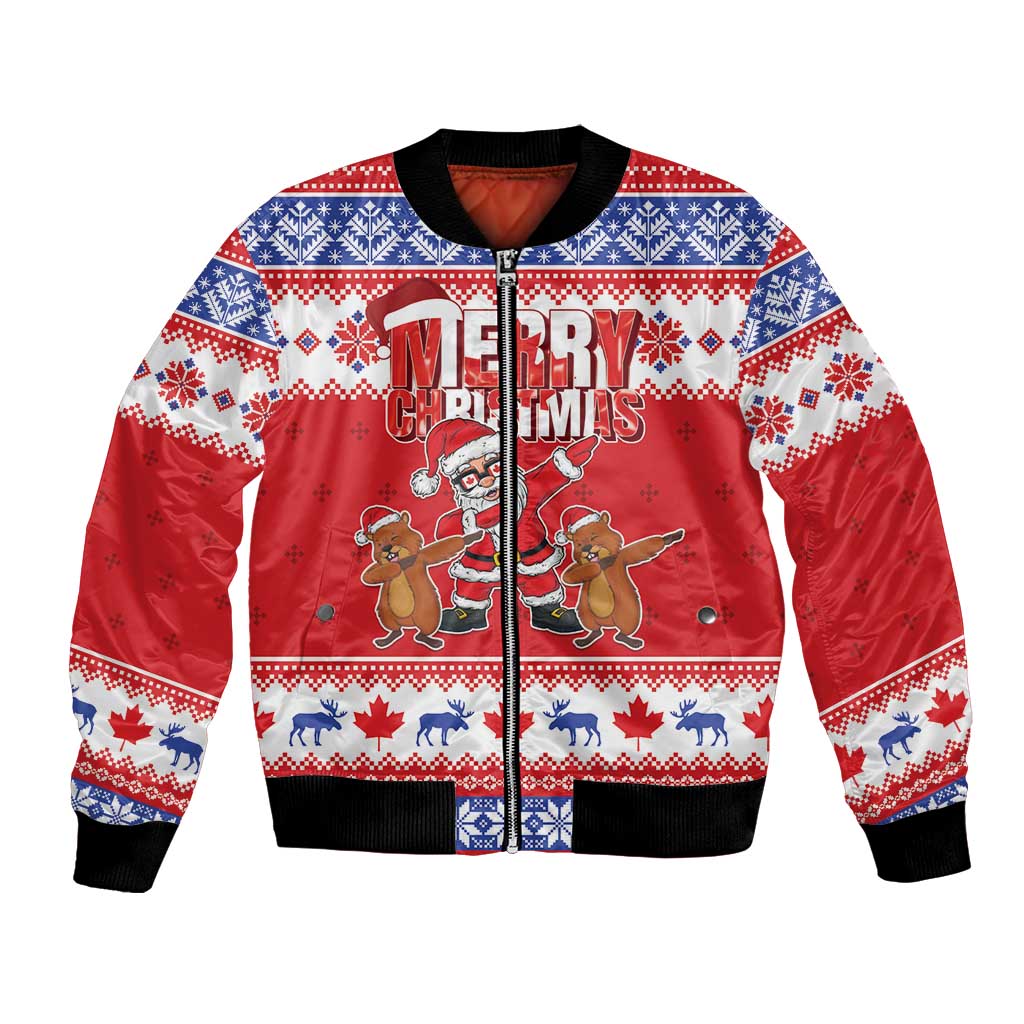 Unisex red Christmas bomber jacket with zip front and festive front graphic