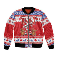 Unisex red Christmas bomber jacket with zip front and festive front graphic