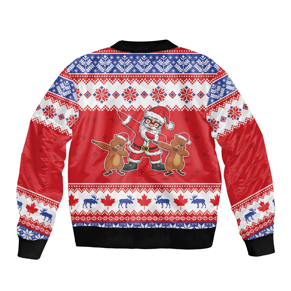 Unisex red Christmas bomber jacket with full back print and ribbed cuffs