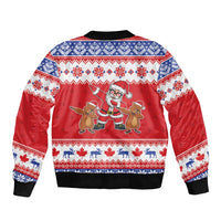 Unisex red Christmas bomber jacket with full back print and ribbed cuffs