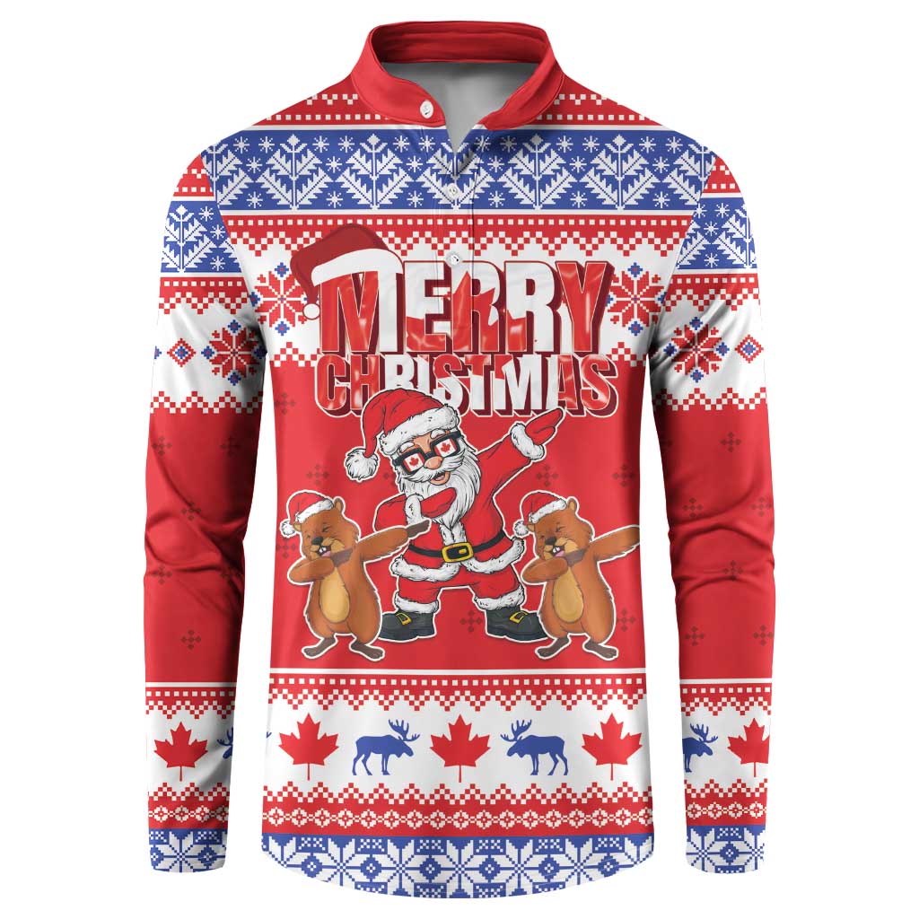 Red button-front Christmas sweatshirt with blue fair isle pattern and Santa dancing graphic