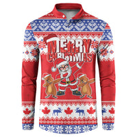 Red button-front Christmas sweatshirt with blue fair isle pattern and Santa dancing graphic