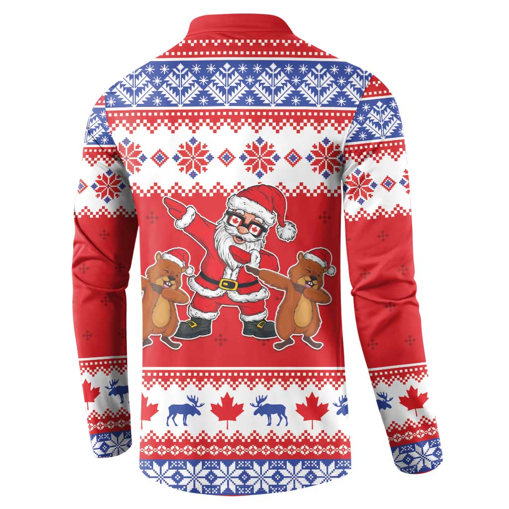 Red button-front Christmas sweatshirt back with Santa dabbing and reindeer graphic