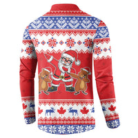 Red button-front Christmas sweatshirt back with Santa dabbing and reindeer graphic
