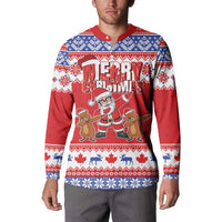 Red button-front Christmas sweatshirt with 'Merry Christmas' text and Santa dabbing graphic