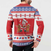 Red button-front sweatshirt back shows Santa dabbing, reindeer, and holiday icons