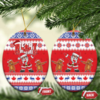 Red ceramic Christmas ornament oval shape with “Merry Christmas” Santa and reindeer pattern