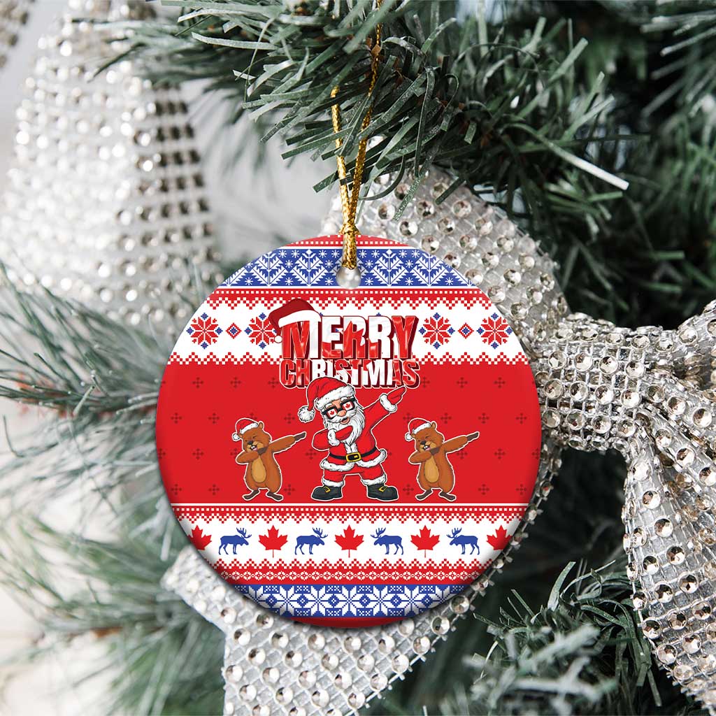 Red circular ceramic ornament with “Merry Christmas” Santa illustration, hanging on tree
