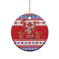 Single red circular ceramic Christmas ornament with “Merry Christmas” Santa and reindeer design