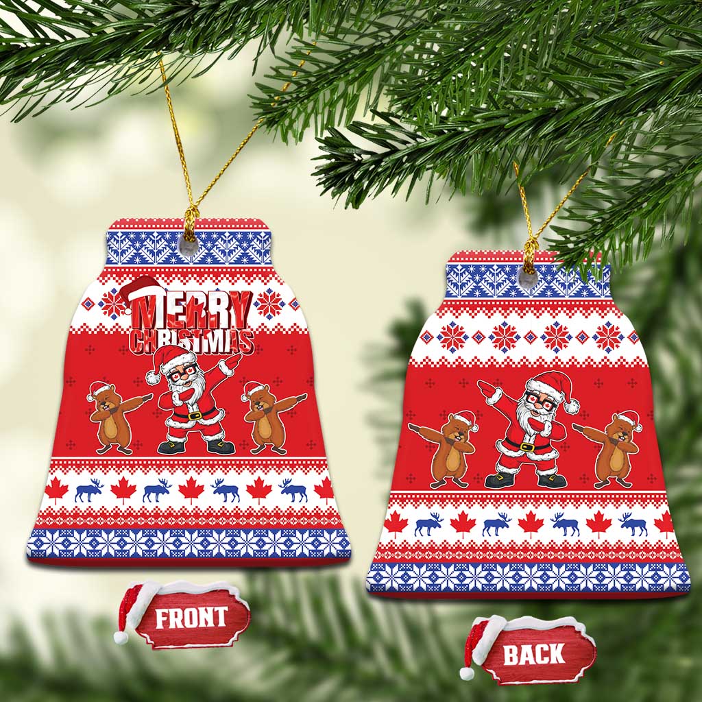 Red ceramic Christmas ornament pair, showing front and back tags on hanging tree ornaments