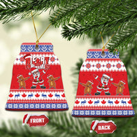 Red ceramic Christmas ornament pair, showing front and back tags on hanging tree ornaments