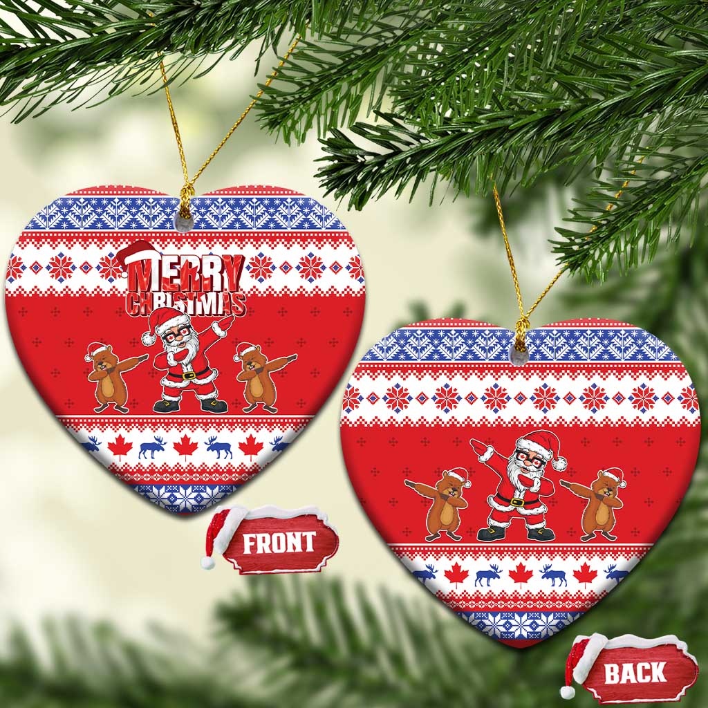 Red ceramic Christmas ornament heart shape with “Merry Christmas” Santa and dancing reindeer