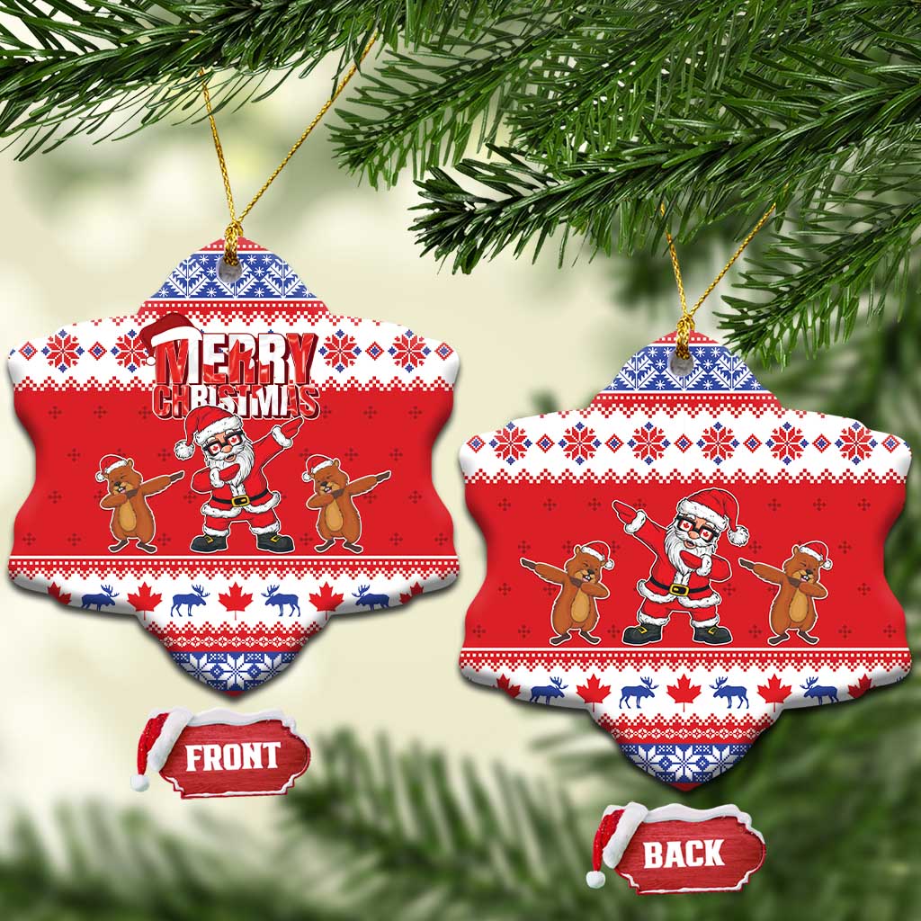 Red ceramic Christmas ornament star shape with “Merry Christmas” Santa and reindeer illustration