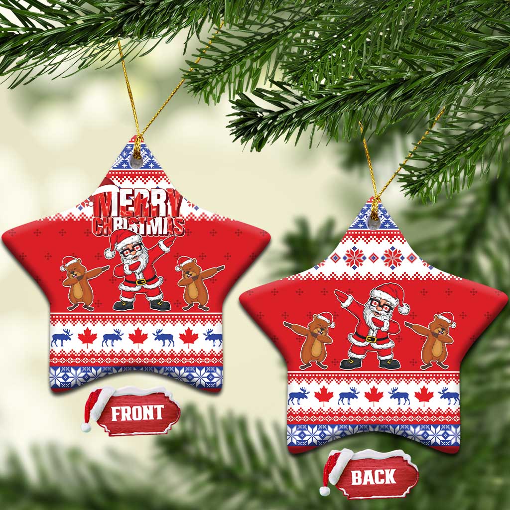 Red ceramic Christmas ornament star shape with “Merry Christmas” Santa, front and back shown
