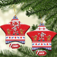 Red ceramic Christmas ornament star shape with “Merry Christmas” Santa, front and back shown