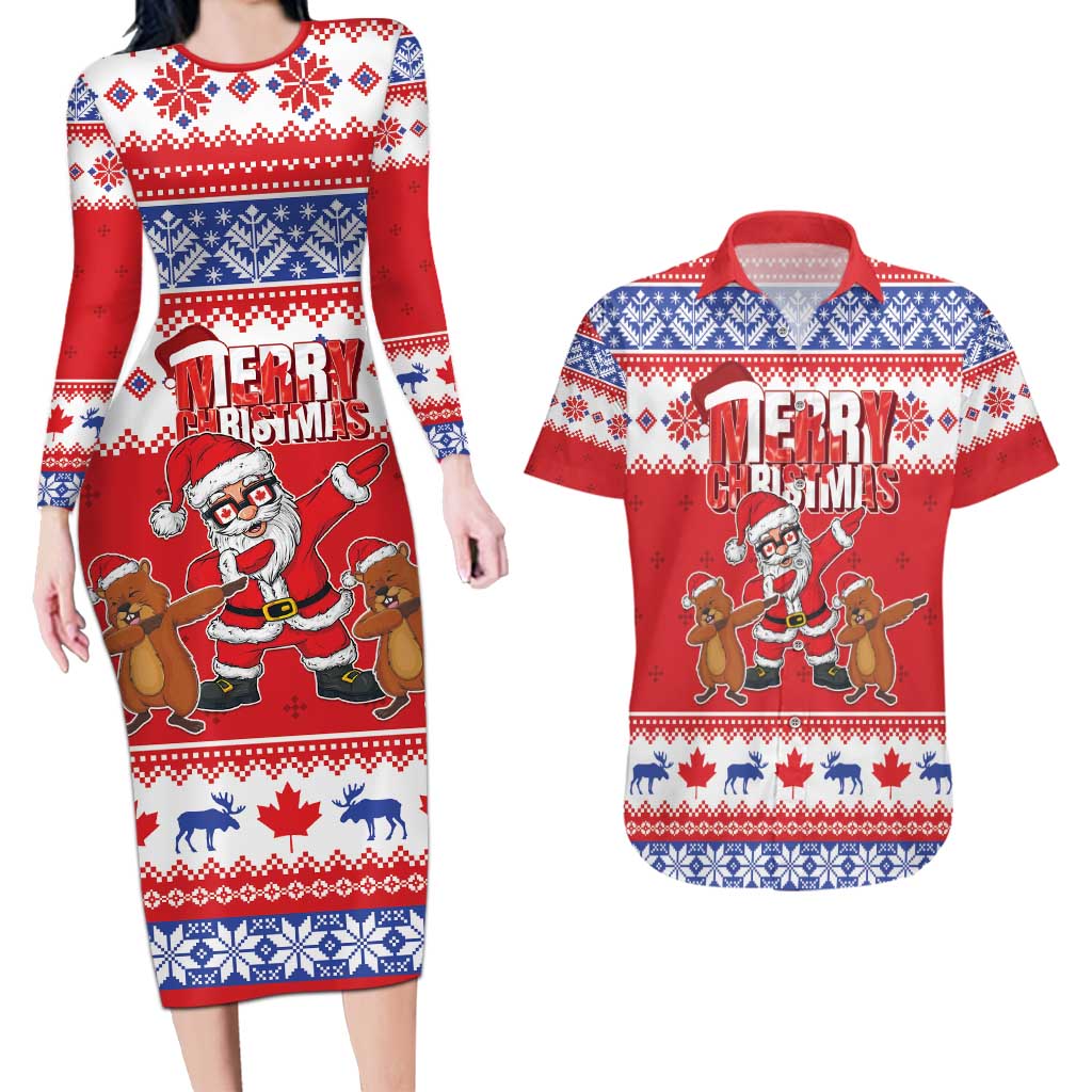 Canada Christmas Couples Matching Long Sleeve Bodycon Dress and Hawaiian Shirt Dabbing Santa Groundhog Funny Style LT05 - Wonder Print Shop