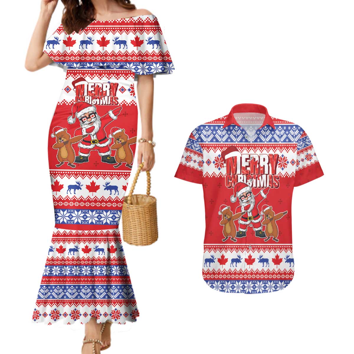 Canada Christmas Couples Matching Mermaid Dress and Hawaiian Shirt Dabbing Santa Groundhog Funny Style LT05 - Wonder Print Shop