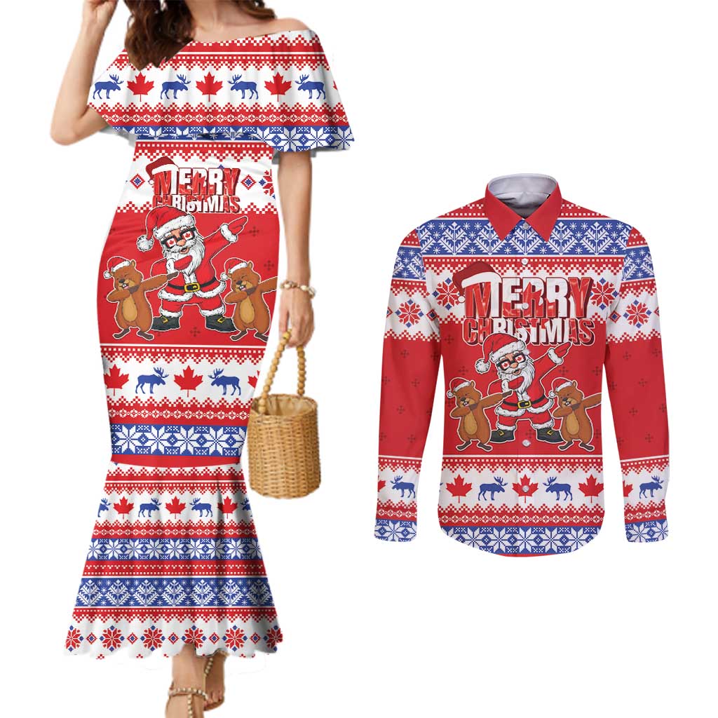 Canada Christmas Couples Matching Mermaid Dress and Long Sleeve Button Shirt Dabbing Santa Groundhog Funny Style