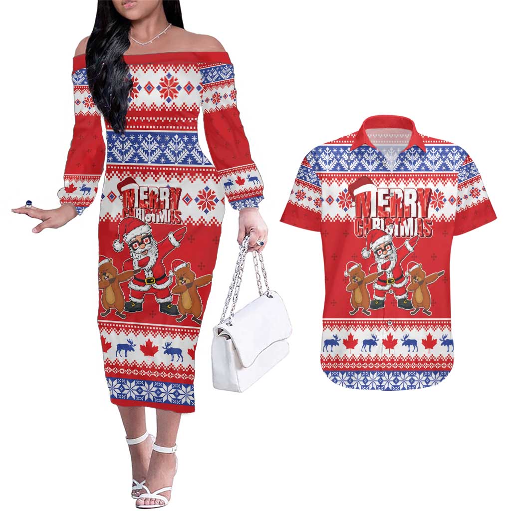 Canada Christmas Couples Matching Off The Shoulder Long Sleeve Dress and Hawaiian Shirt Dabbing Santa Groundhog Funny Style LT05 - Wonder Print Shop