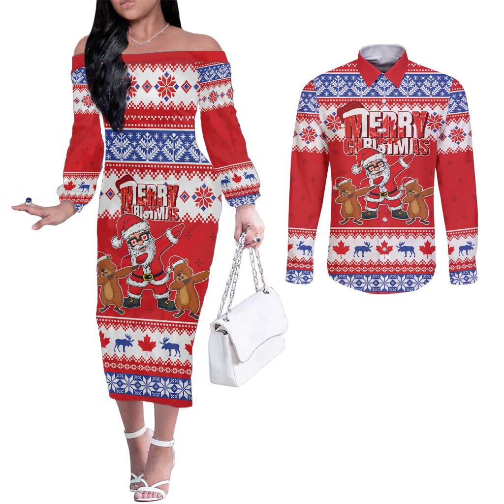 Canada Christmas Couples Matching Off The Shoulder Long Sleeve Dress and Long Sleeve Button Shirt Dabbing Santa Groundhog Funny Style