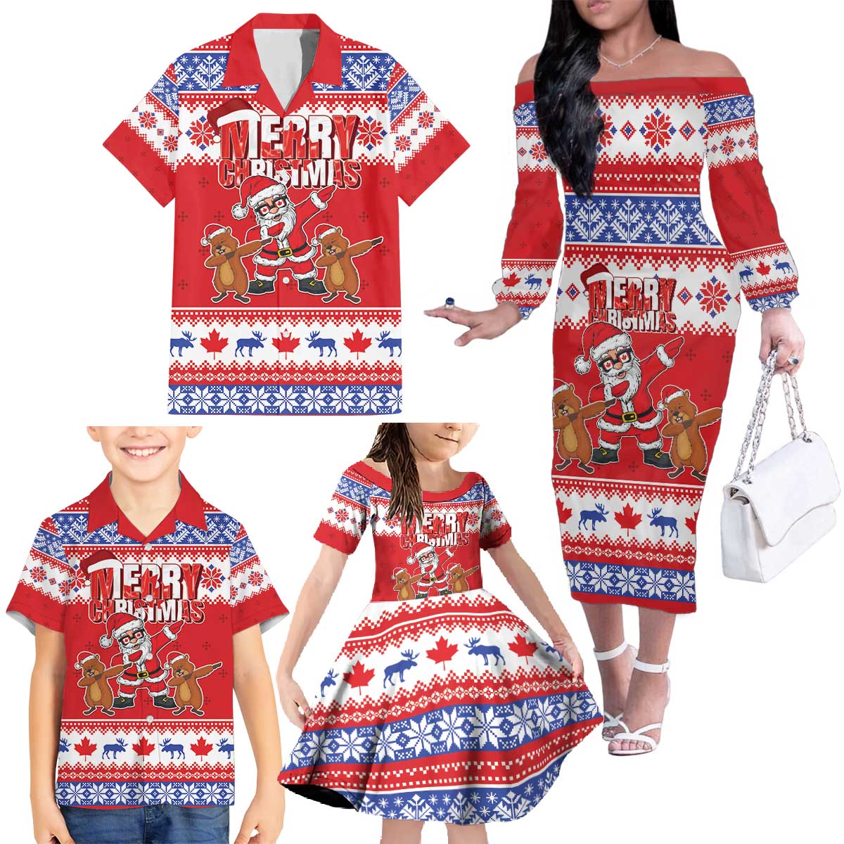 Canada Christmas Family Matching Off The Shoulder Long Sleeve Dress and Hawaiian Shirt Dabbing Santa Groundhog Funny Style LT05 - Wonder Print Shop