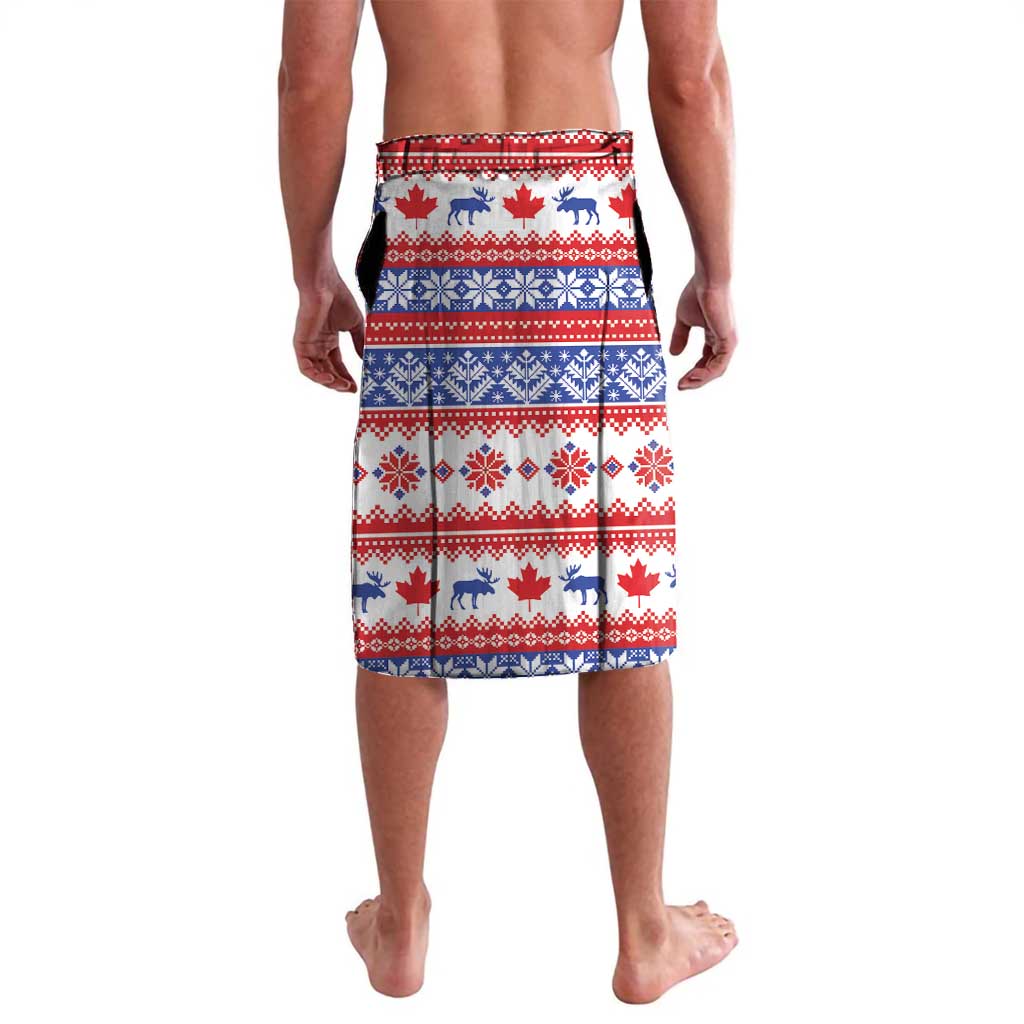 Christmas lavalava back view with red white blue holiday pattern of reindeer and maple leaves